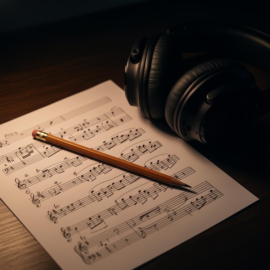 Sheet music with pencil and headphones